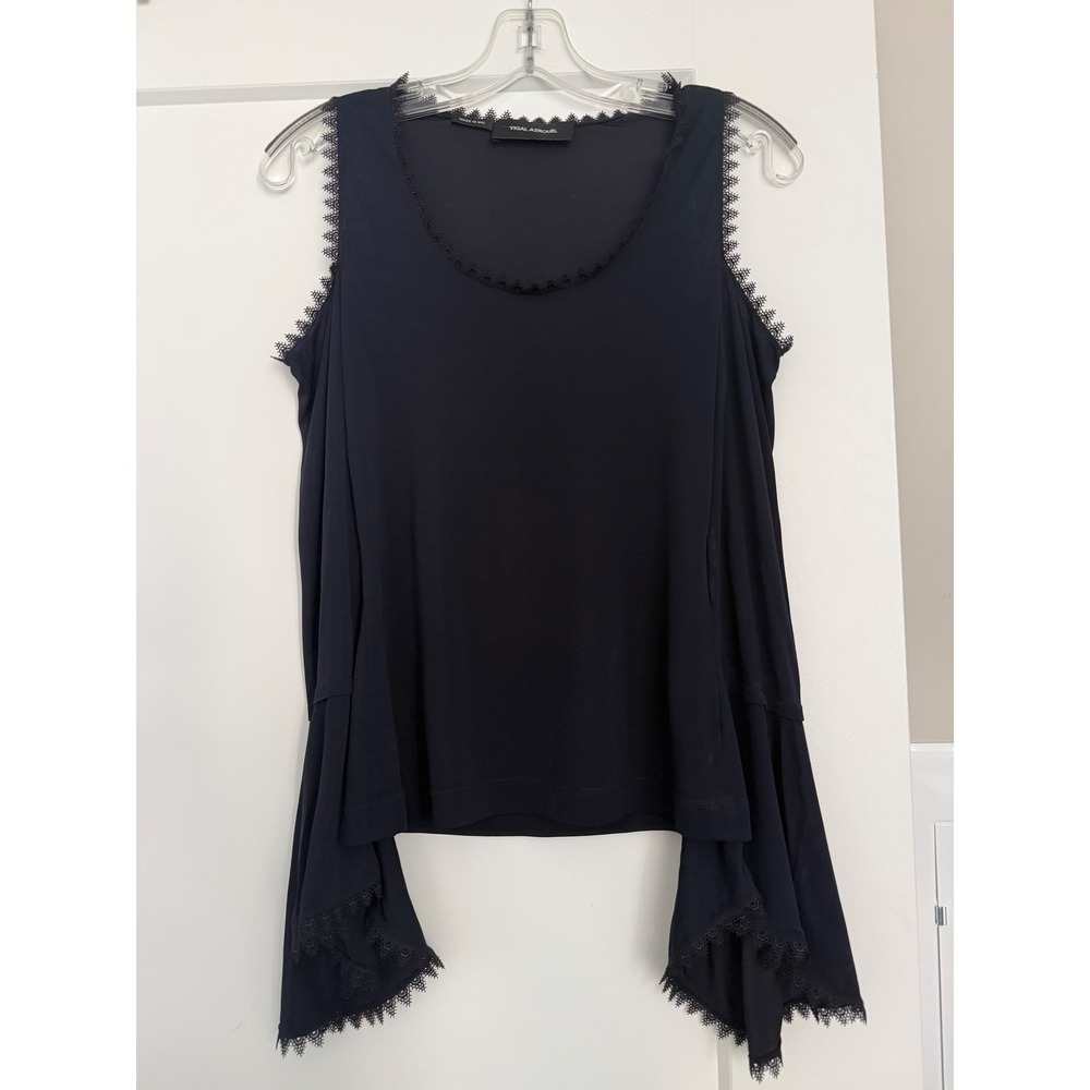 Yigal Azrouel Navy Blue Cold Shoulder Lace Trim Handkerchief Sleeve Top Size 4